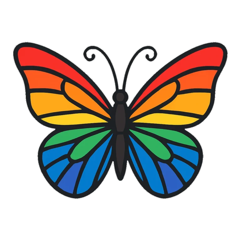 Colorful rainbow butterfly clipart in flat color with striped wing sections