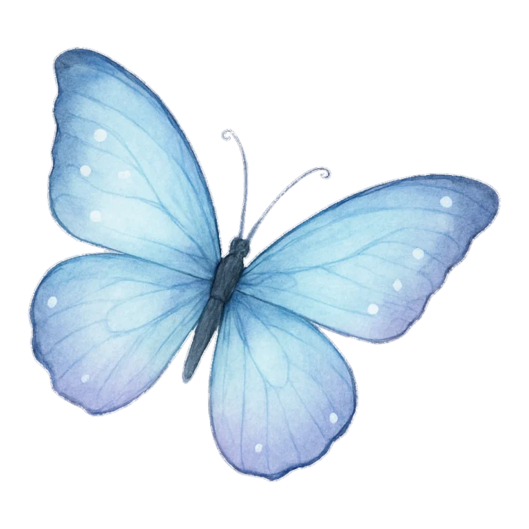 Watercolor blue butterfly clipart with soft, layered wings fading to lilac