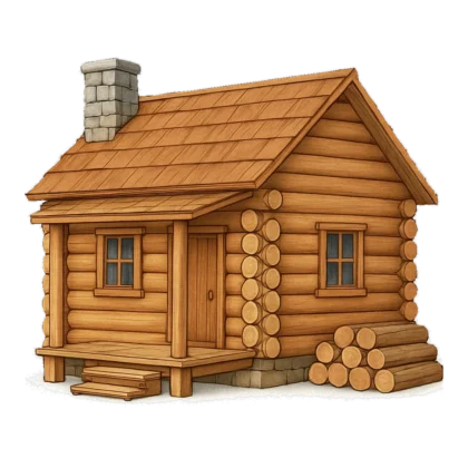Cabin clipart of a realistic log cabin with a stone chimney and a small porch