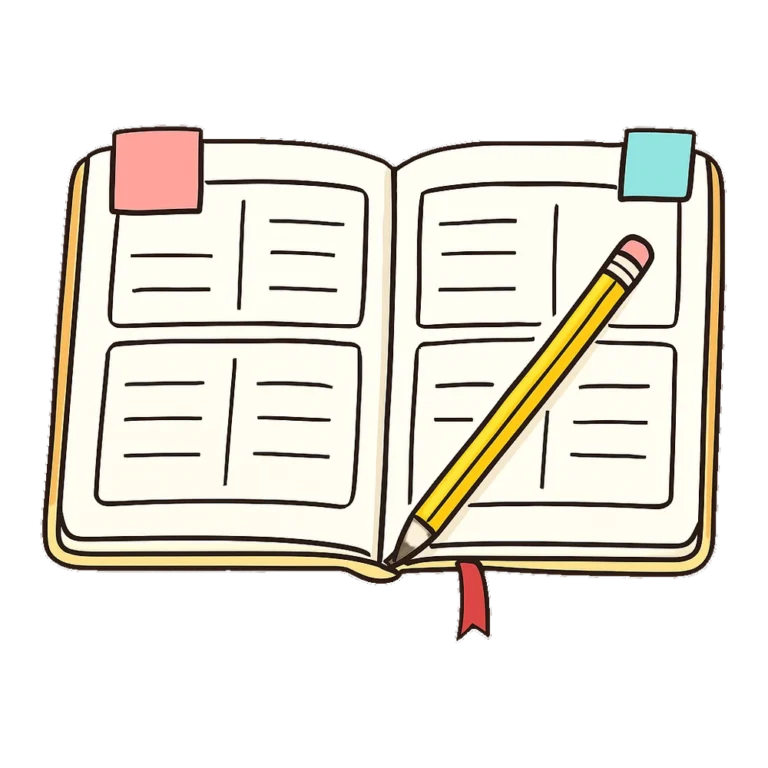 Planner clipart of an open weekly planner with a pencil and sticky notes