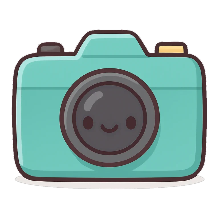 Cute camera clipart of a smiling teal camera with a big lens and a flash