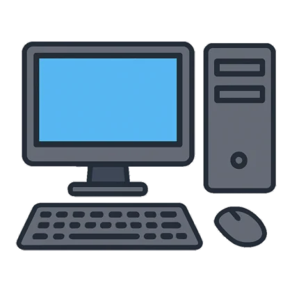 Computer clipart of a desktop computer with a monitor, tower, keyboard and mouse