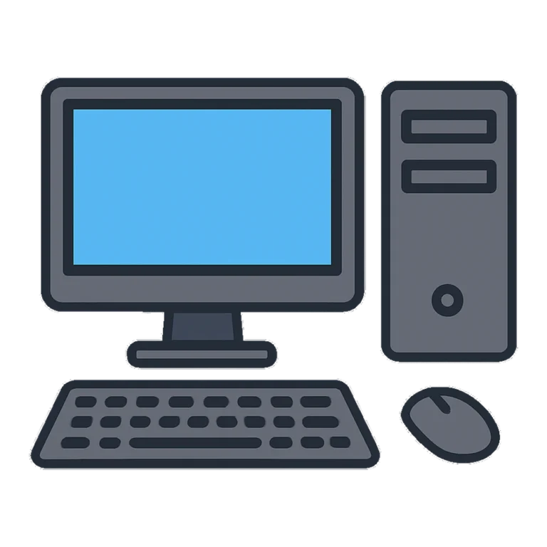 Computer clipart of a desktop computer with a monitor, tower, keyboard and mouse