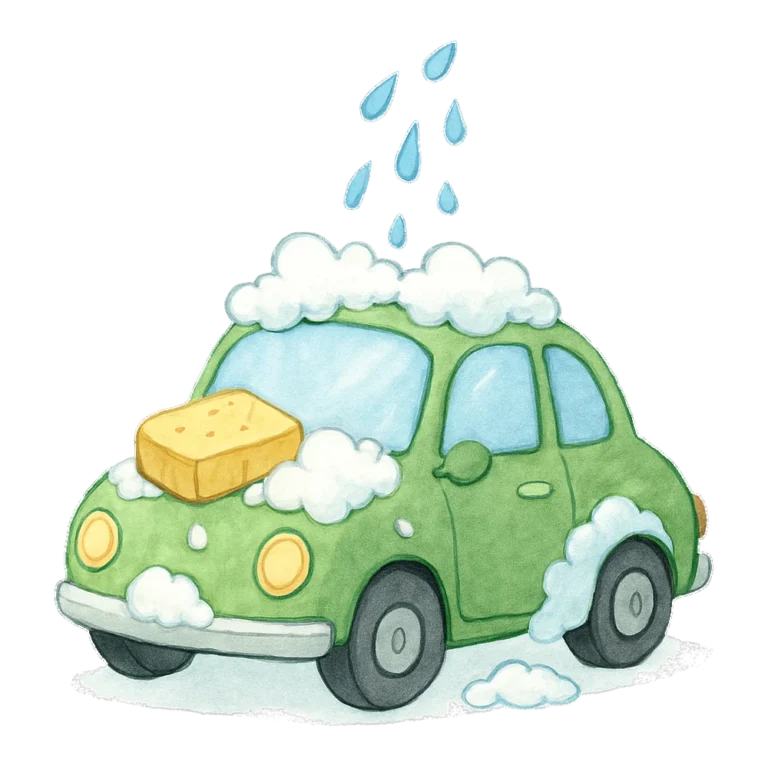 Car wash clipart of a small car covered in soap bubbles under a spray of water