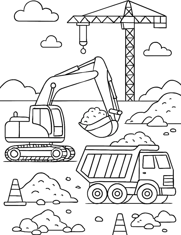 Construction coloring page of an excavator filling a dump truck at a building site