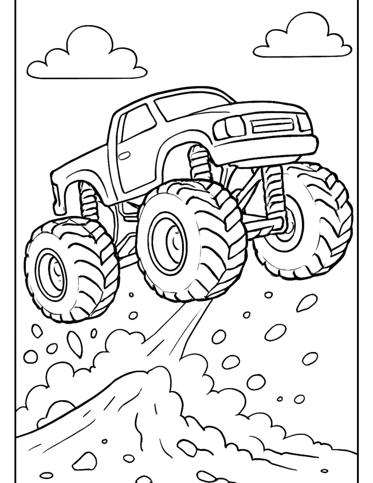 Monster truck coloring page of a truck with giant tires jumping over a ramp