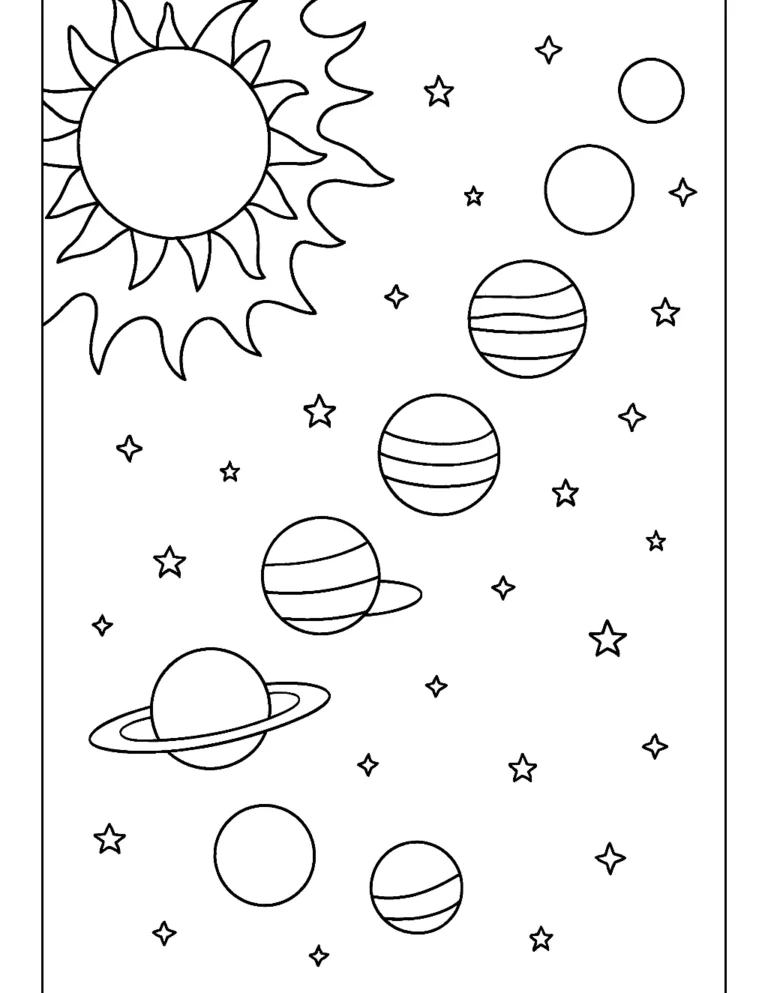 Planets coloring page of the sun and all eight planets in a curved row