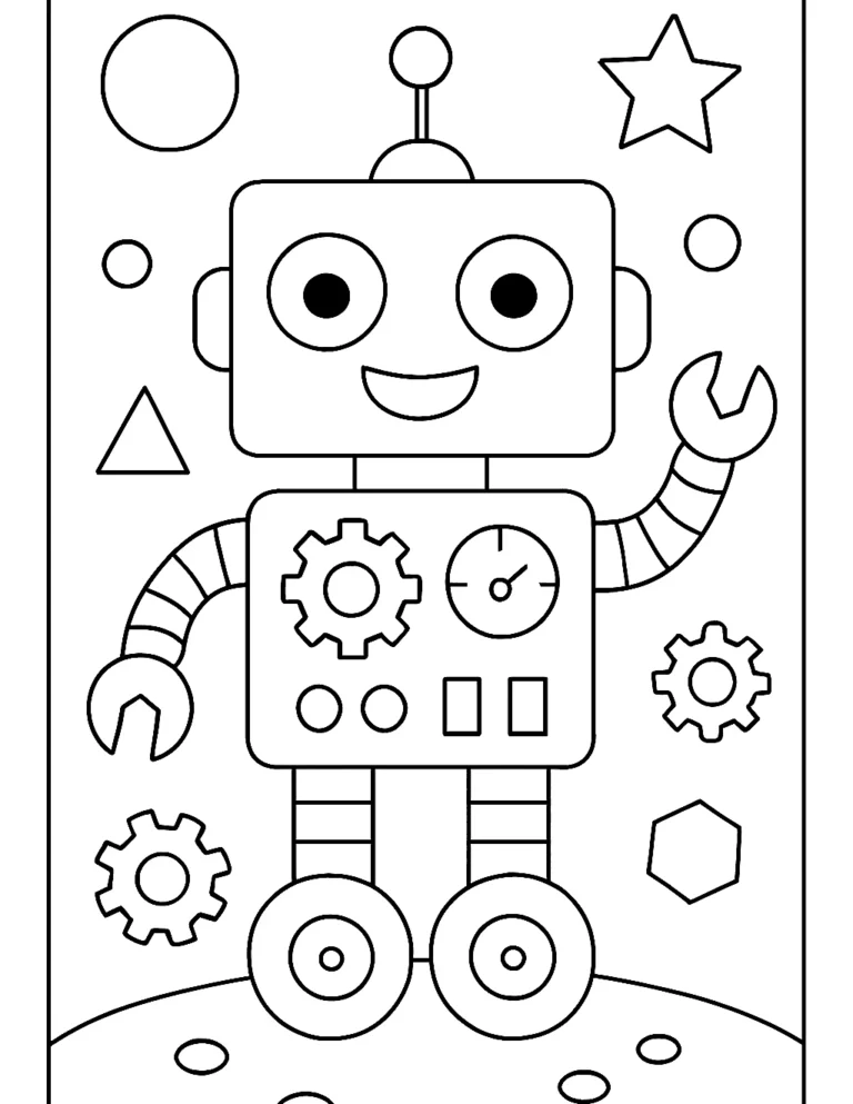 Robot coloring page of a friendly boxy robot with gears, dials and an antenna