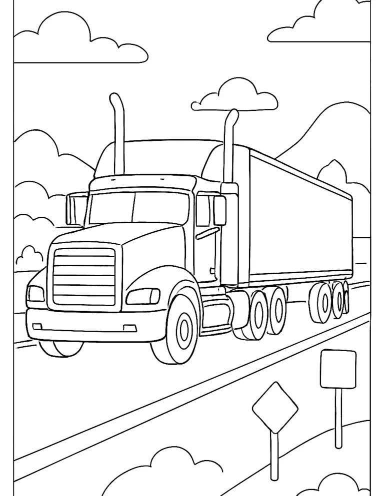 Semi truck coloring page of a big rig with a long trailer on a highway