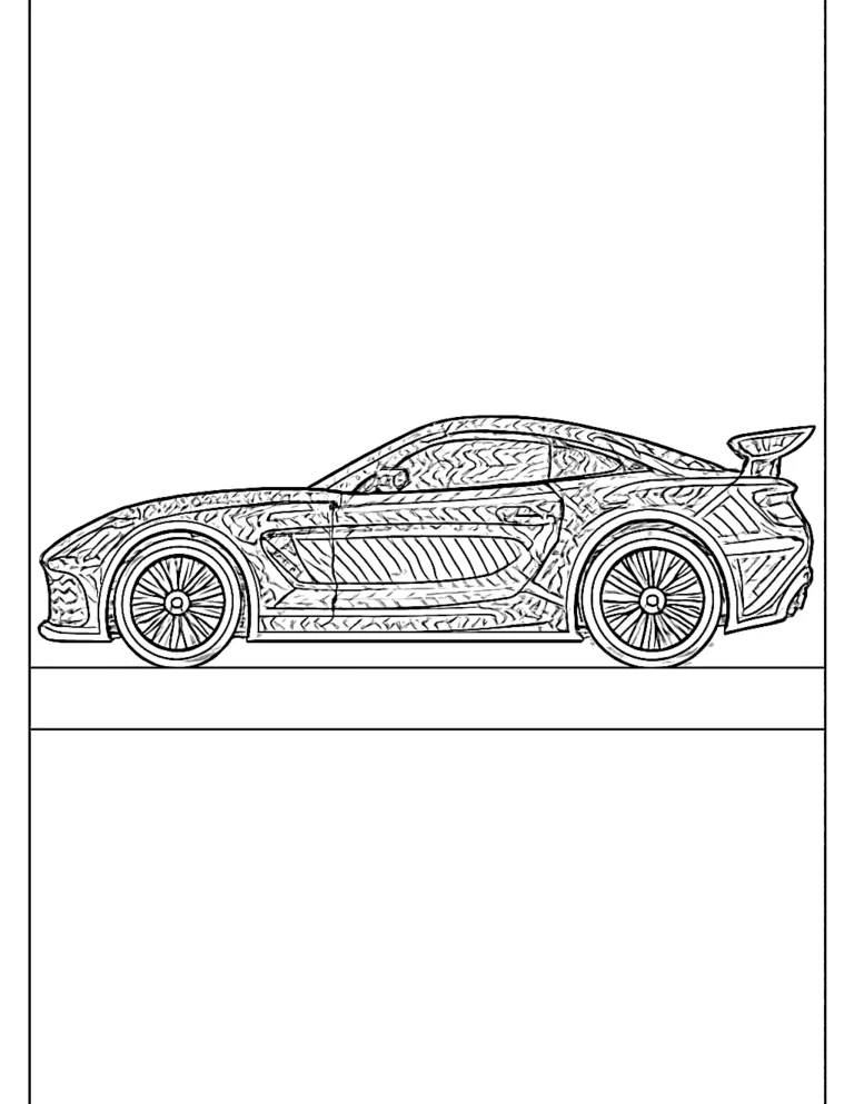 Sports car coloring page of a sleek low car shown from the side with shiny rims