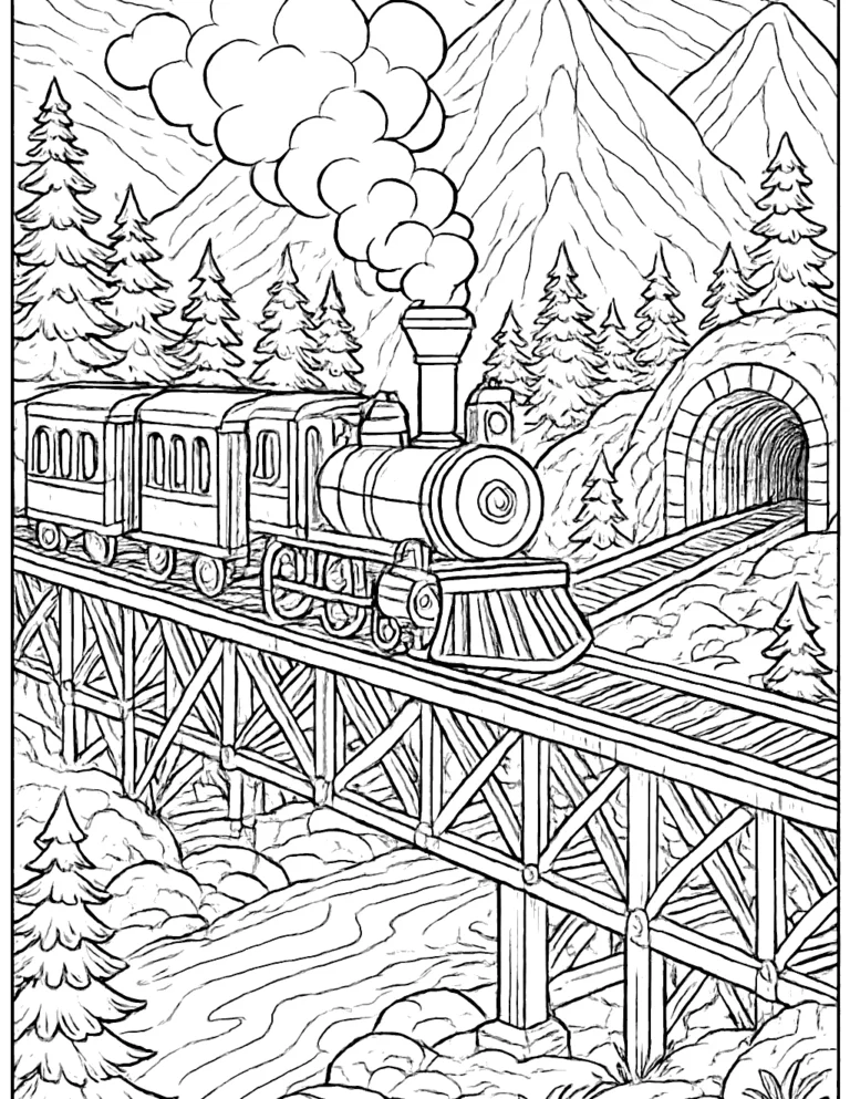 Train coloring page of a steam train crossing a bridge toward a mountain tunnel