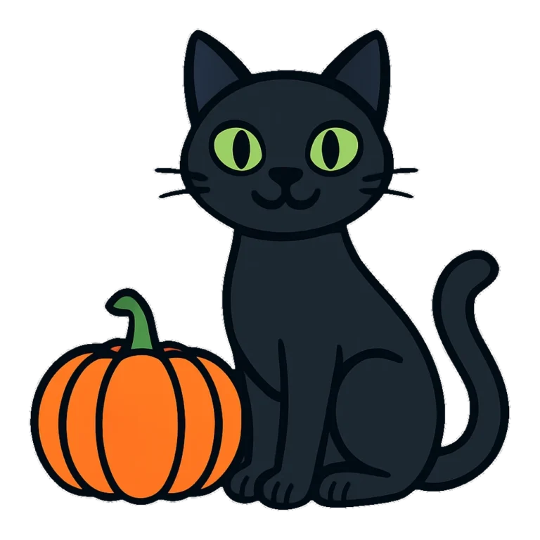 Black cat clipart in flat colors of a cat sitting beside a small orange pumpkin