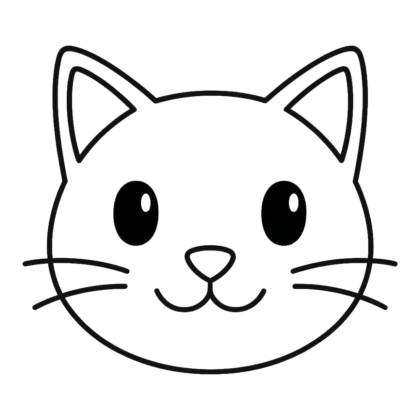 Black and white cat face clipart outline with pointed ears and curved whiskers