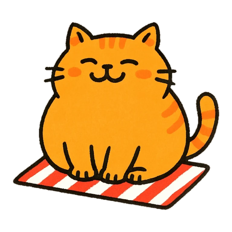 Cats clipart doodle of a round fat cat sitting proudly on a striped mat