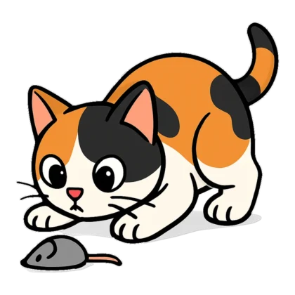 Kitten clip art of a calico kitten pouncing on a gray toy mouse