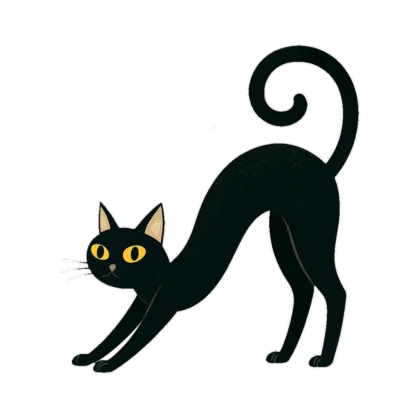 Black cat clip art in retro style of a stretching cat with a curled tail