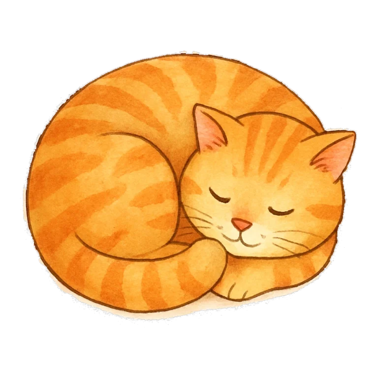 Orange cat clipart of a sleeping orange tabby curled up, painted in watercolor