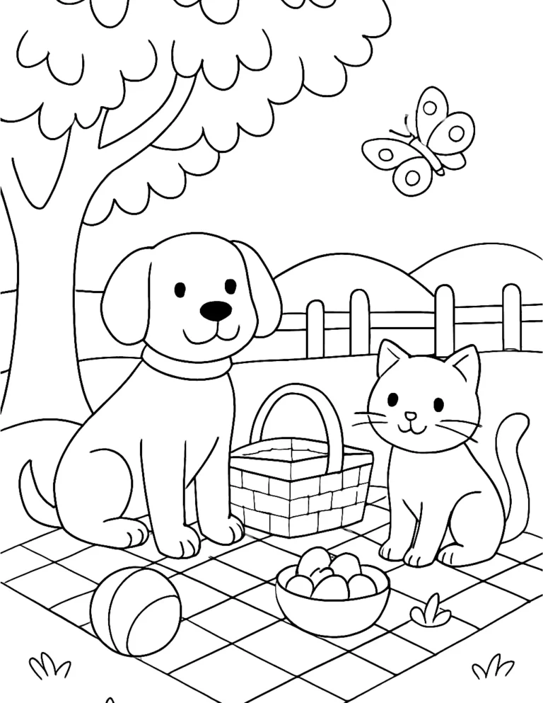 Cat coloring page for kids of a cat and dog sharing a backyard picnic