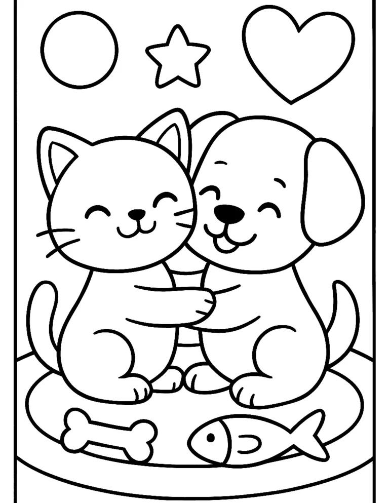 Cat and dog coloring page of a kitten and puppy hugging on a rug