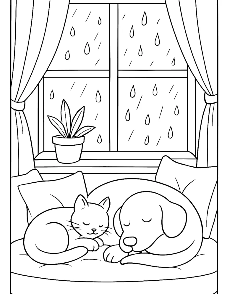 Dog and cat coloring page of pets watching rain from a cozy window seat