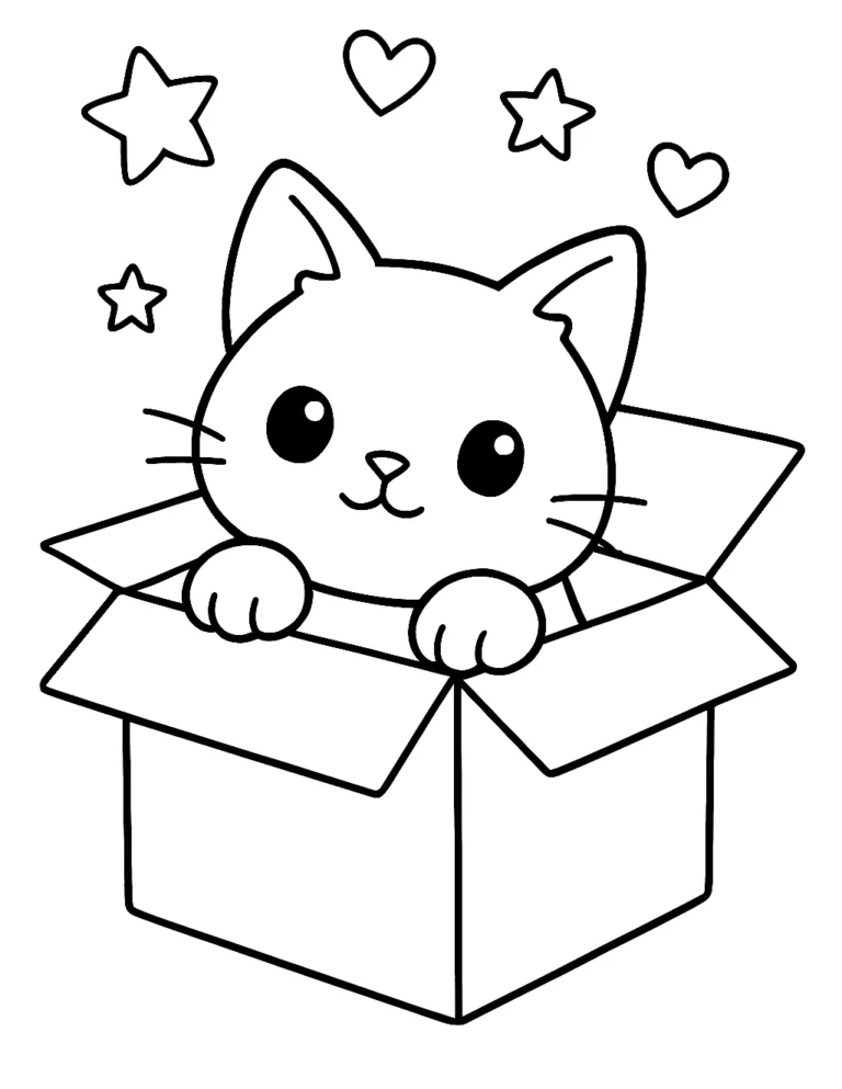 Cute cat coloring page of a kitty cat peeking out of a cardboard box