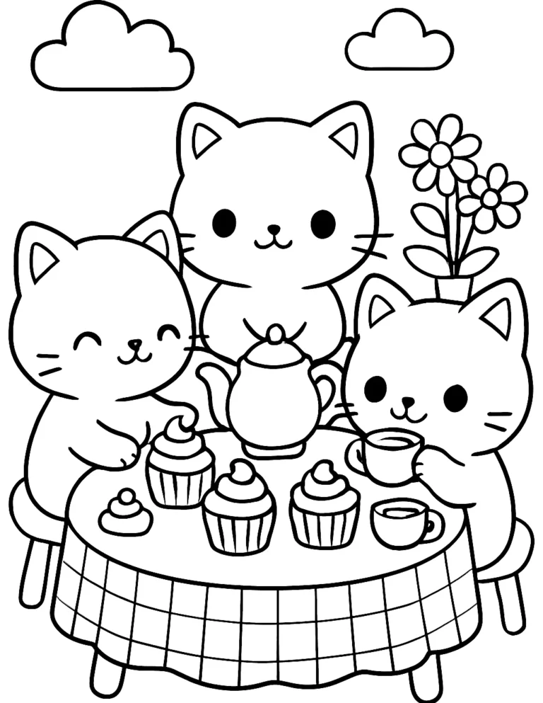Kawaii cats coloring page of three kittens sharing cupcakes at a tiny table