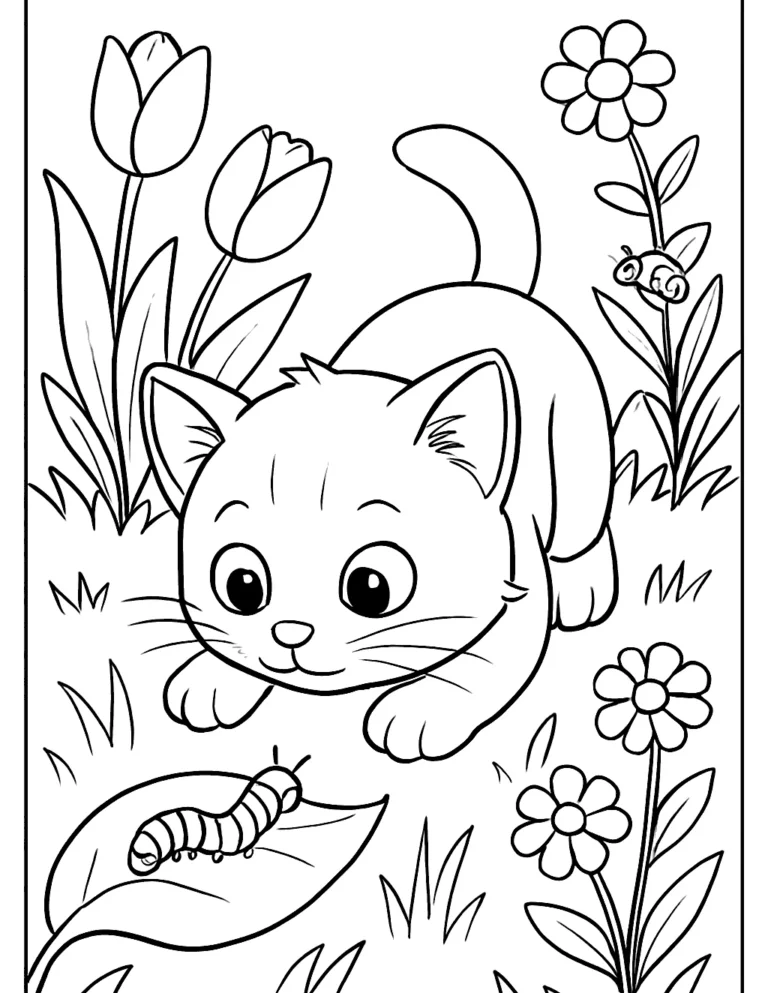 Kitten coloring page printable of a curious kitten watching a caterpillar on a leaf