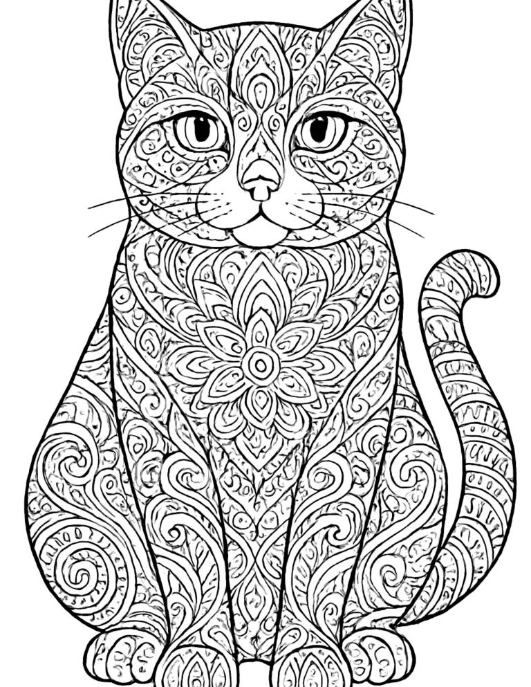 Cat coloring page for adults of a sitting cat filled with mandala patterns