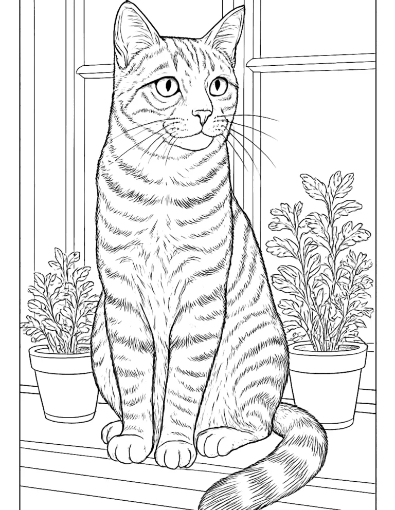 Realistic cat coloring page of a tabby cat sitting on a windowsill by potted herbs
