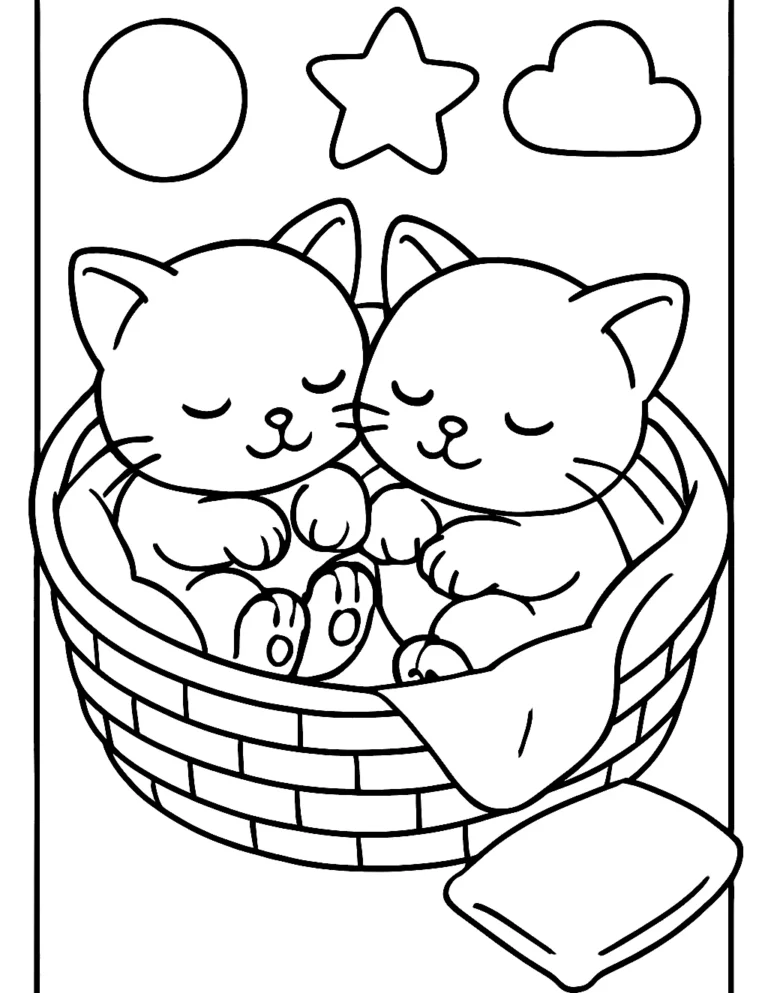 Cute baby kitten coloring page of two sleepy kittens curled up in a basket