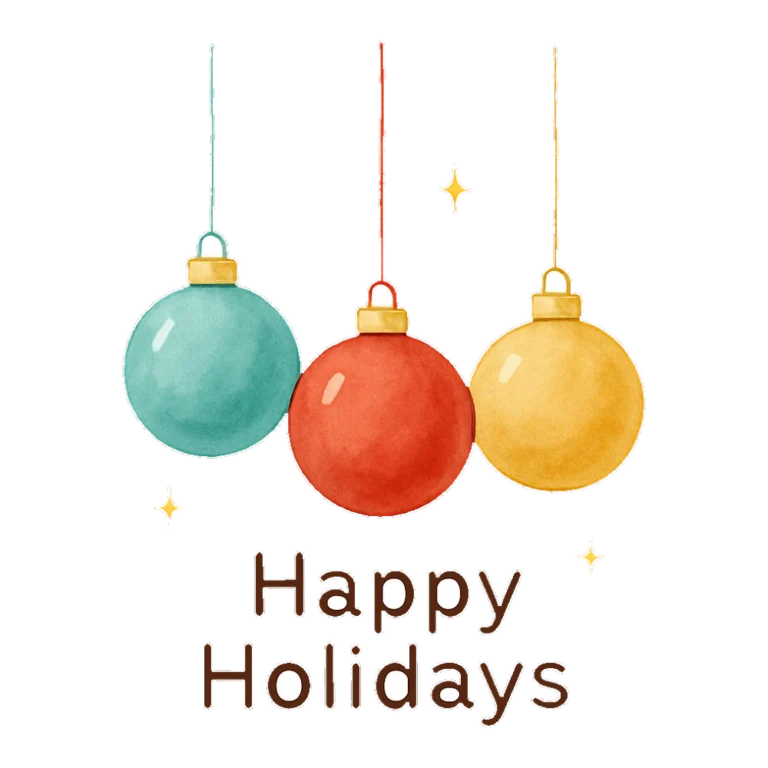 Happy Holidays clipart in watercolor with three hanging ornaments above the words
