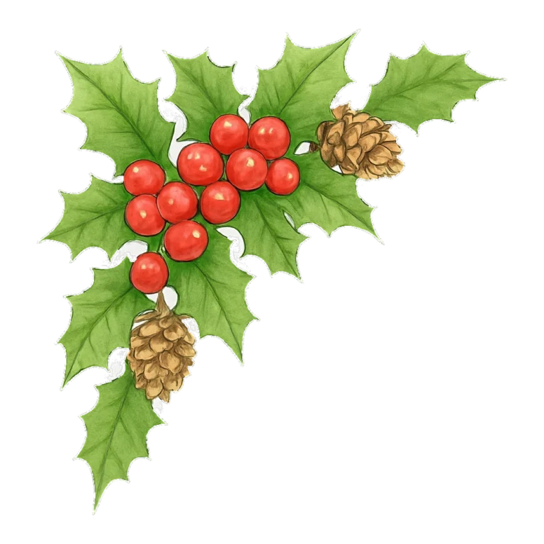 Christmas border clipart corner of watercolor holly leaves, berries and pine cones