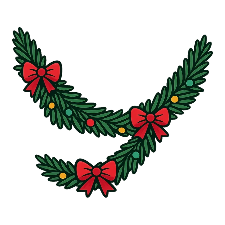 Christmas garland clipart of a pine swag with colored lights and red bows