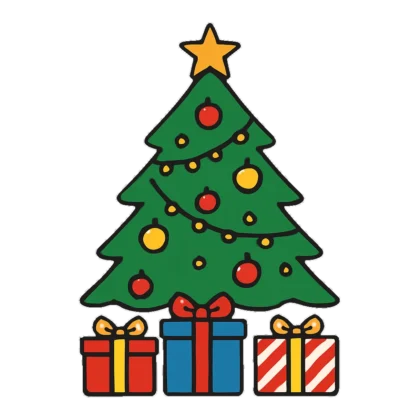 Christmas tree with gifts clipart showing a decorated tree above three wrapped presents