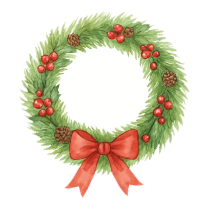 Christmas wreath clipart in watercolor with pine, red berries and a big red bow