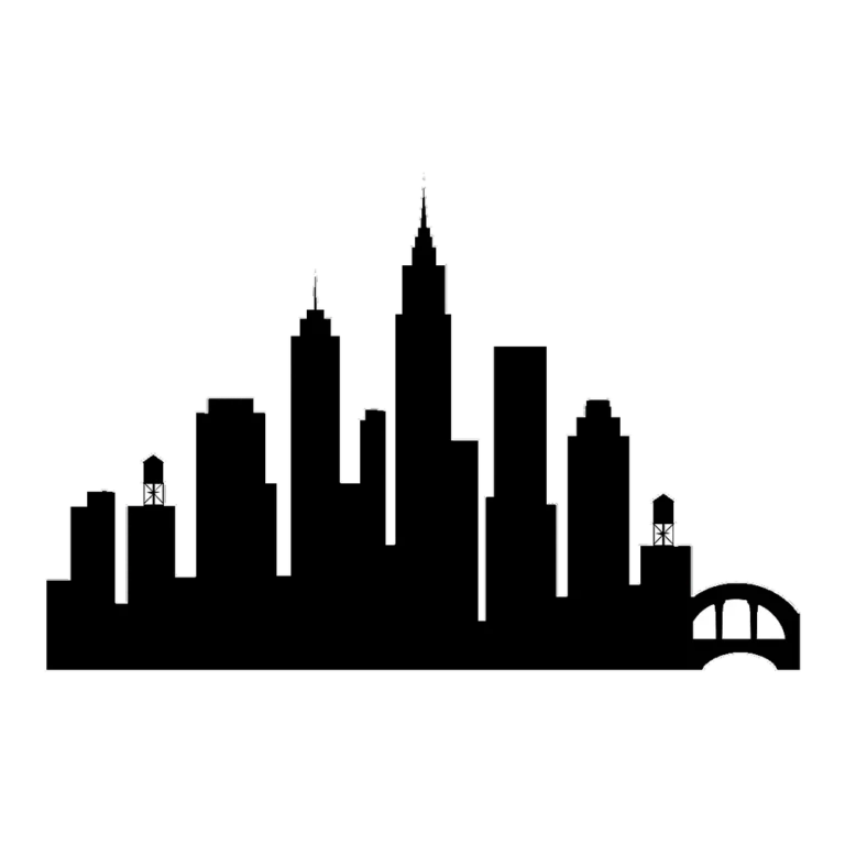 City skyline clipart silhouette of tall towers, a bridge and low buildings