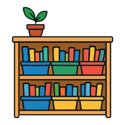 Classroom library clipart of a low shelf with colored book bins full of books