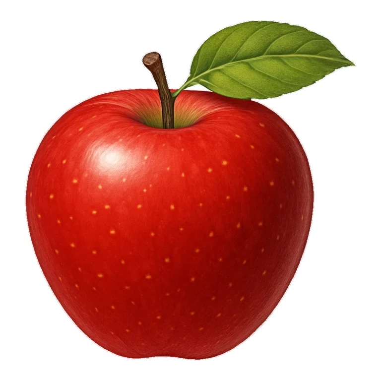 Realistic red apple drawing clipart with a shiny skin, brown stem and green leaf