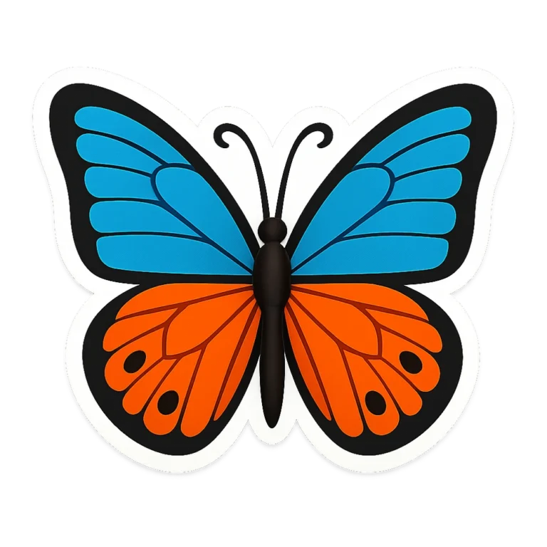 Butterfly clipart sticker with blue and orange spotted wings and a white edge