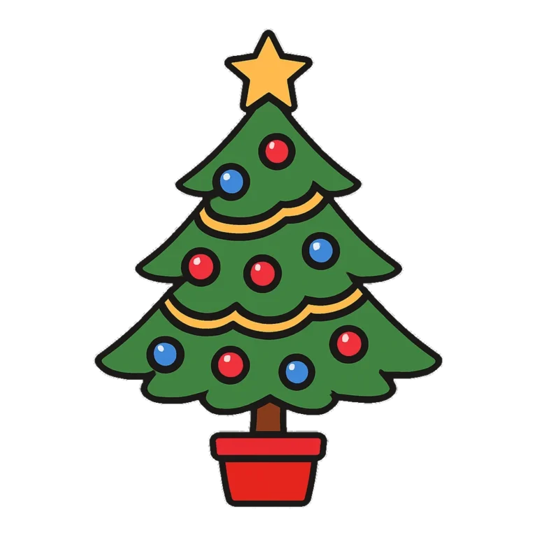 Christmas tree clipart in flat colors with red ornaments and a gold star on top