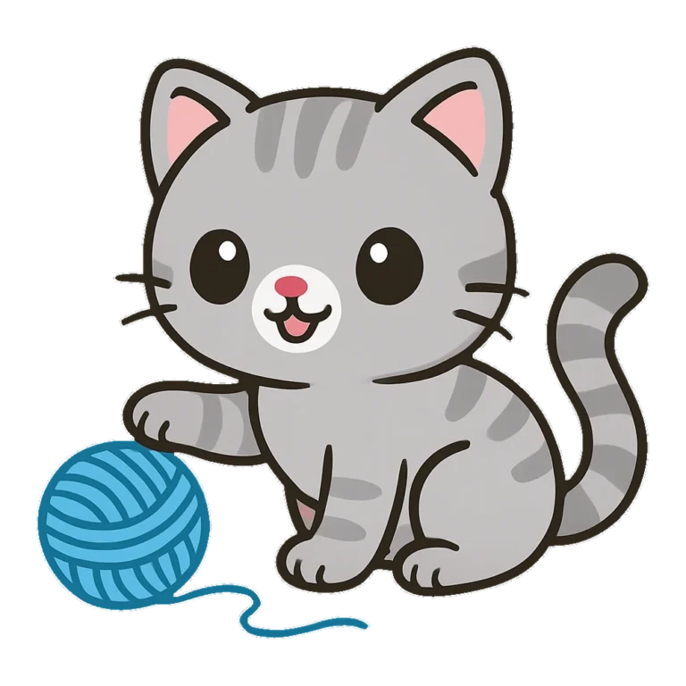 Cute clipart kitten in gray stripes batting a blue ball of yarn