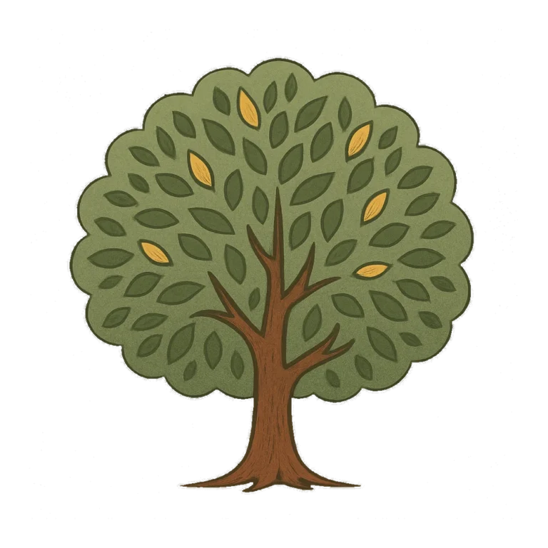 Retro tree clipart of a round oak with a full green canopy and a sturdy trunk