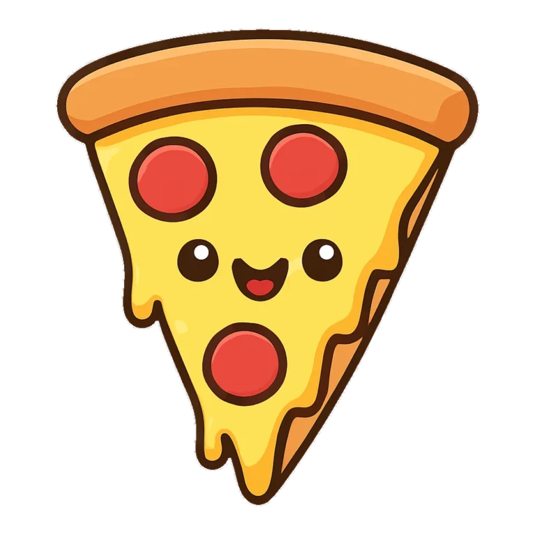 Cute pizza clip art of a smiling slice with pepperoni and stretchy cheese