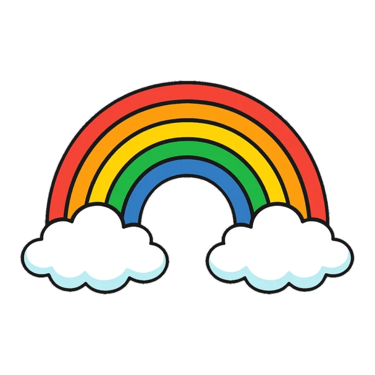 Rainbow clipart in flat colors arching between two fluffy white clouds