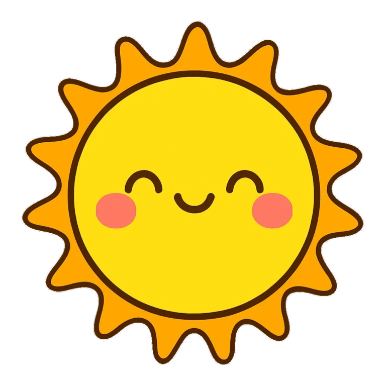 Cute sun clipart png with a smiling face and wavy orange rays