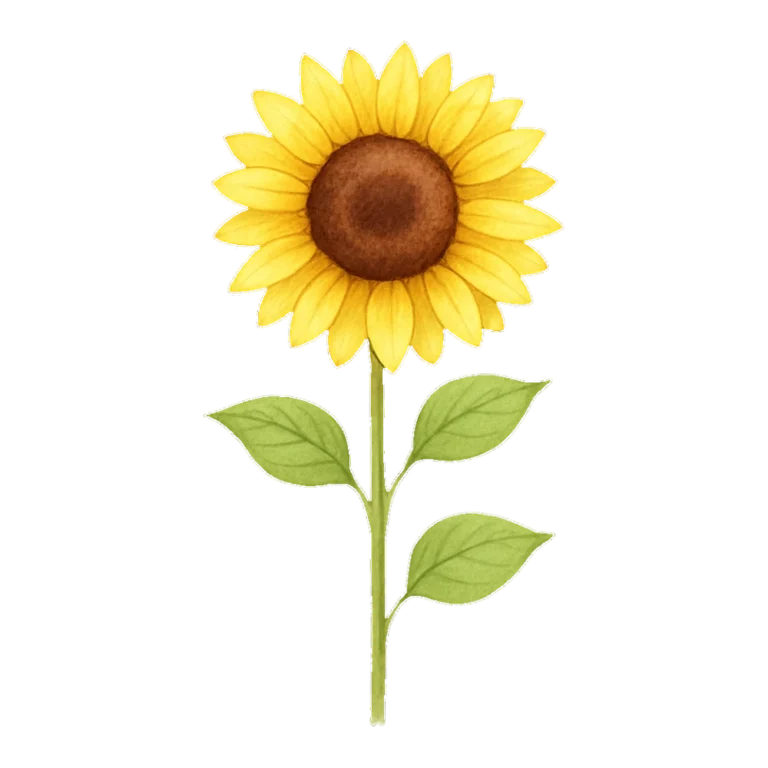 Watercolor sunflower art clipart with golden petals and a tall green stem