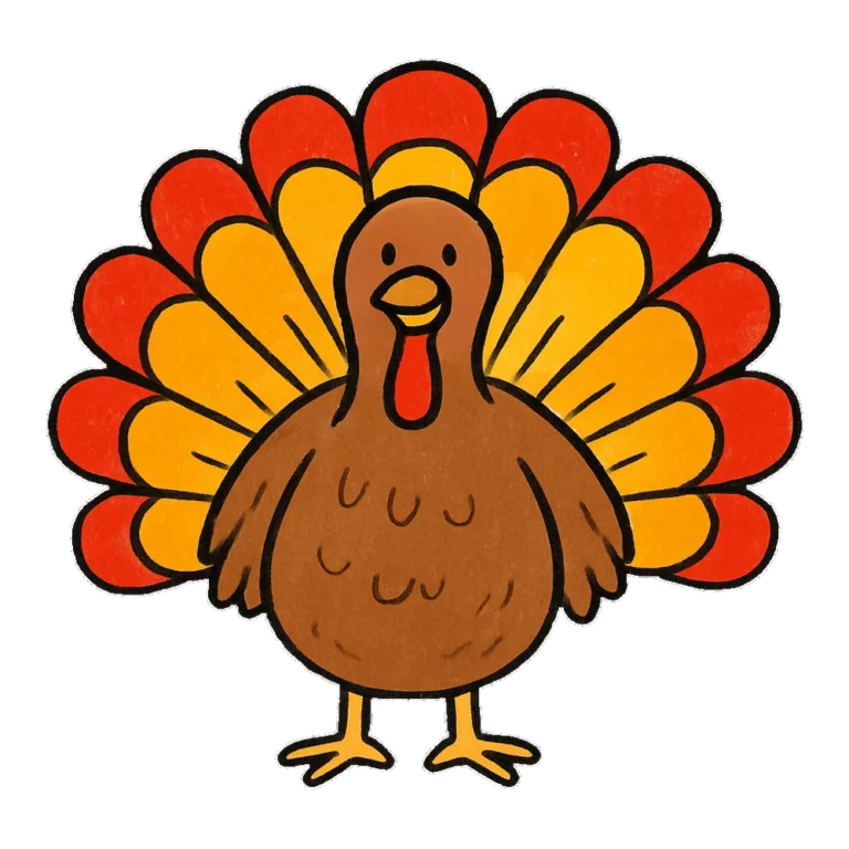 Turkey drawing clipart with a fanned tail of orange, red and yellow feathers