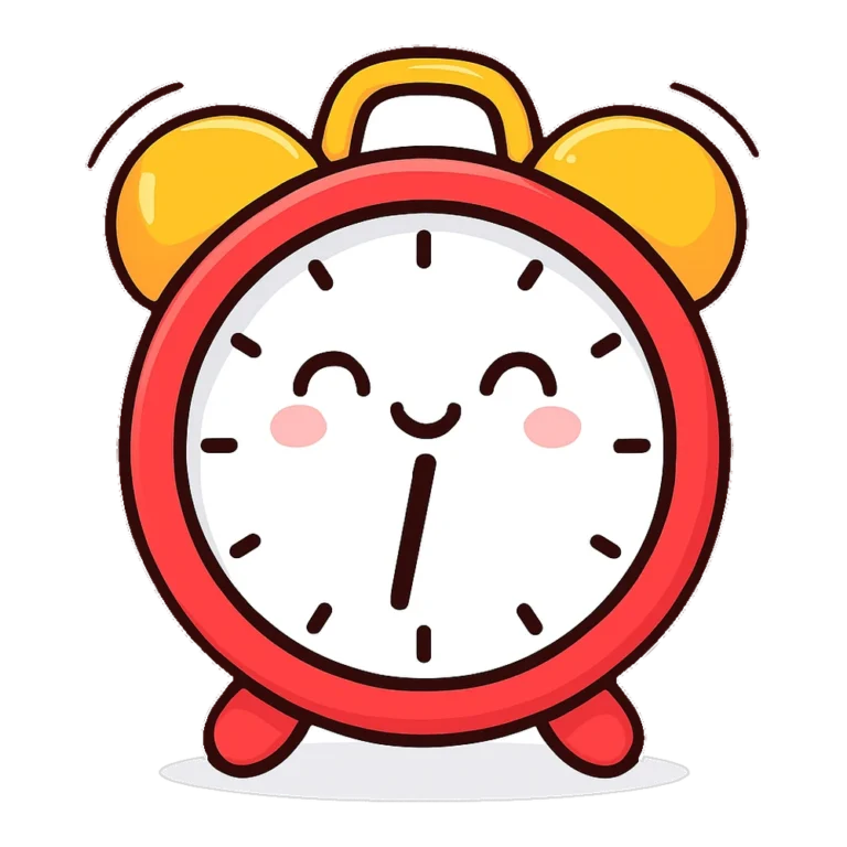 Cute alarm clock clipart of a smiling red clock with two bells ringing