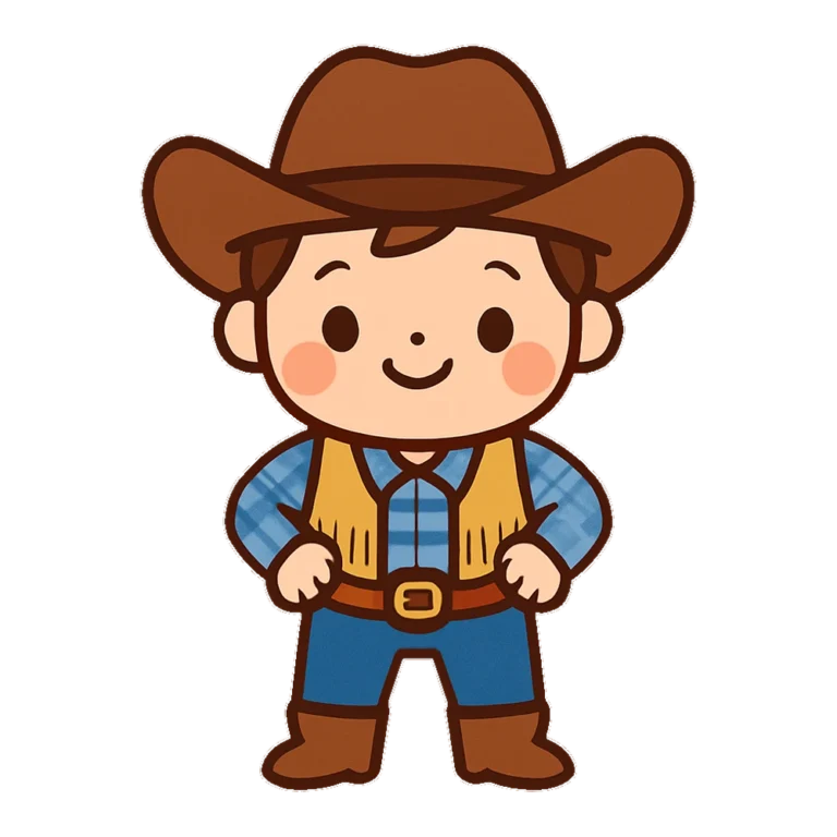 Cute cowboy clipart of a smiling cartoon kid in a hat, vest and boots