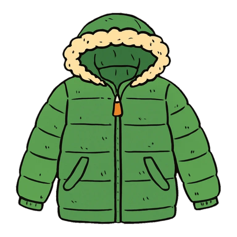 Jacket clipart doodle of a puffy green winter coat with a zipper and hood